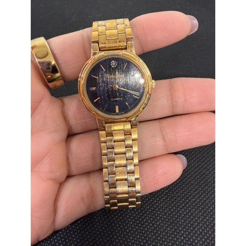 Vintage Gold Tone Quartz Watch Dark Dial Crystal Accent Two Tone Distressed